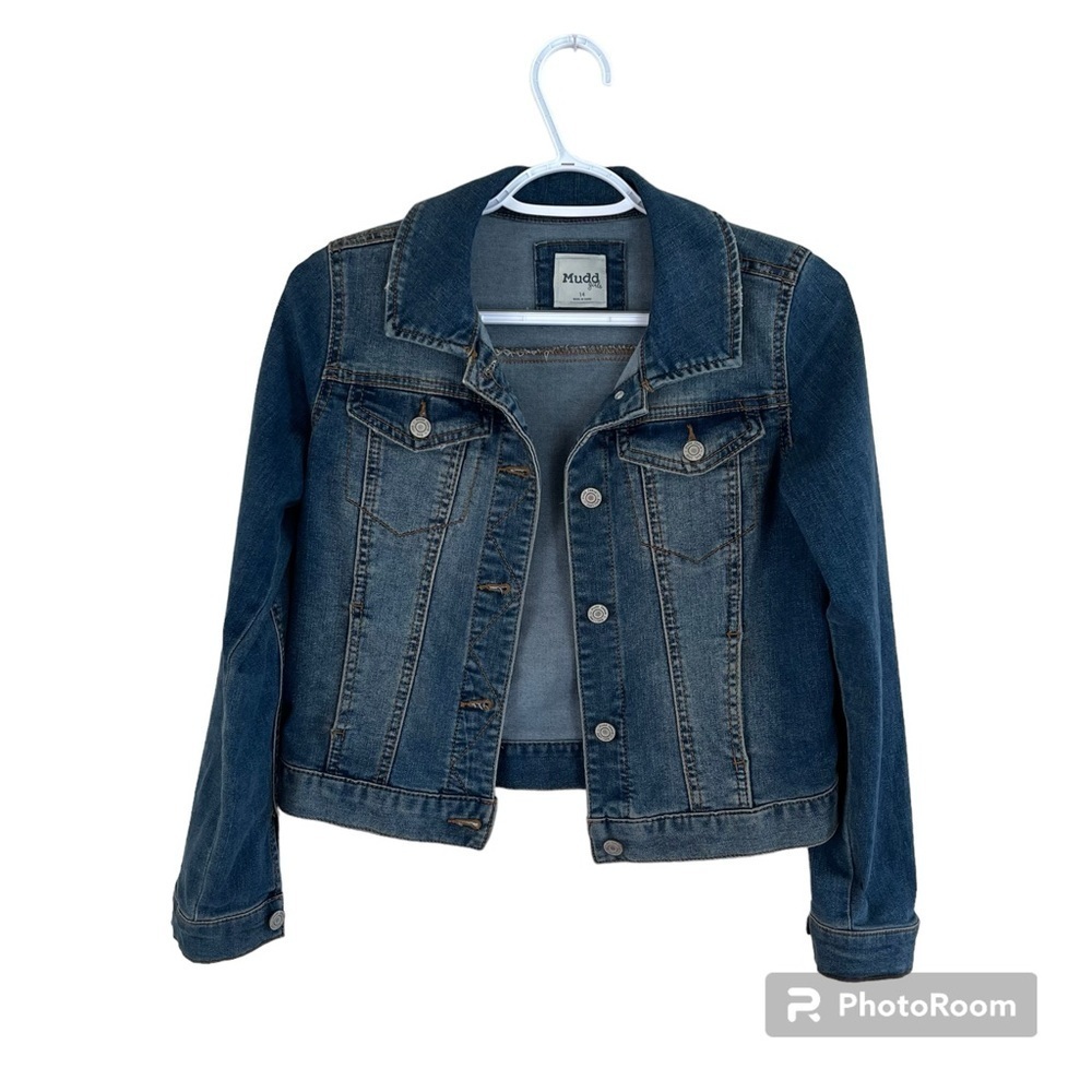 Girls Mudd Button Up Crop Blue Jean Jacket Dark Wash size kids 14
